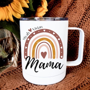 Mama coffee mug PERSONALIZED with kid&#39;s names on rainbow / insulated with lid / gift for Mom Grandma Mother&#39;s Day Birthday gift idea for Mom