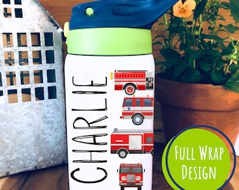 Personalized Fire Engine Water Bottle: 12oz Insulated Tumbler with Straw