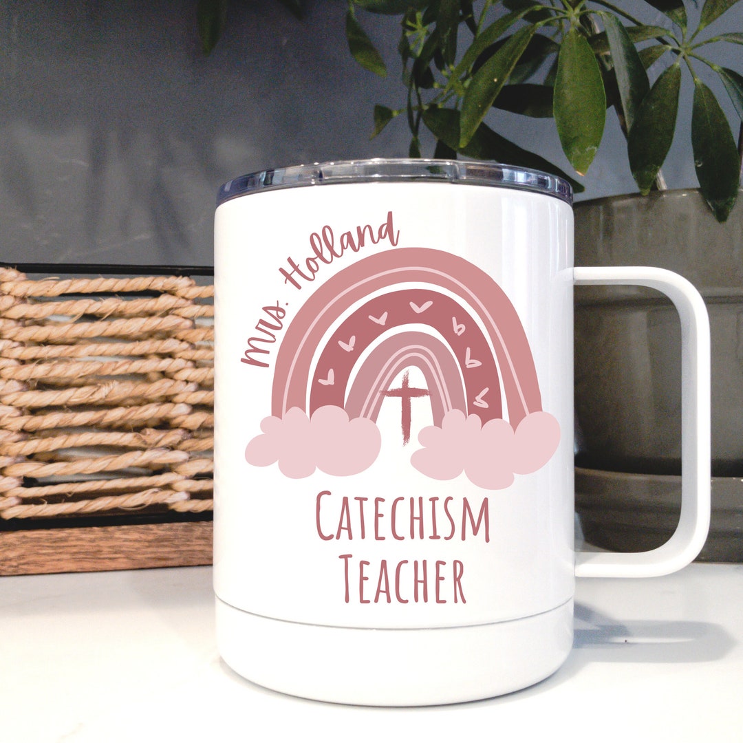 Catechism Teacher Coffee Mug With Rainbow, Clouds, and Cross