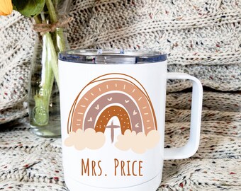 Personalized Christian Coffee Mug: Rainbow Cross, Insulated Tumbler with Lid