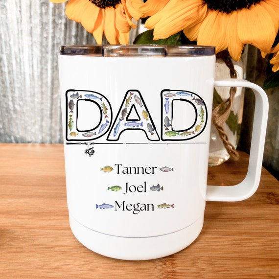 DAD Fishing Coffee Mug / Insulated With Lid / Personalized With Kid's Names  / Gift for Father Father's Day Dad's Birthday Grandpa Present 