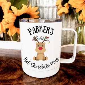 Reindeer Hot Chocolate Mug, personalized with name, insulated with lid, Cute Christmas reindeer with Christmas lights, Kid&#39;s Christmas gift