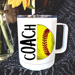 Softball Coach Mug PERSONALIZED with Team name and year on back / insulated with lid / gift idea for your kid's softball coach appreciation