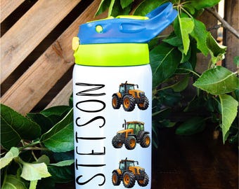Personalized Tractor Water Bottle: 12oz Insulated Kids Cup with Straw