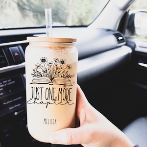Just One More Chapter Glass Can Tumbler with Bamboo lid and Glass Straw, Personalized with name, gift for girl who loves to read book lover