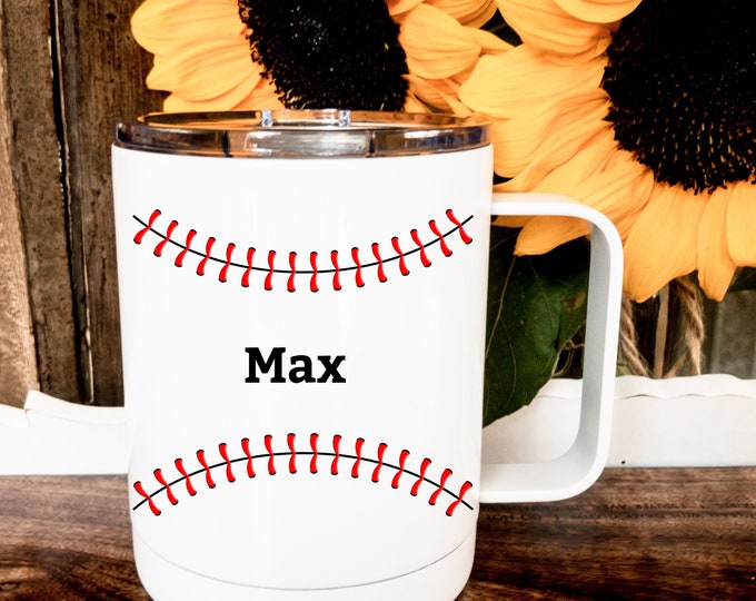 Baseball Stitches Mug PERSONALIZED with Name / insulated with lid / Cup for Dad Grandpa Husband Coach Son gift for him Baseball fan team dad