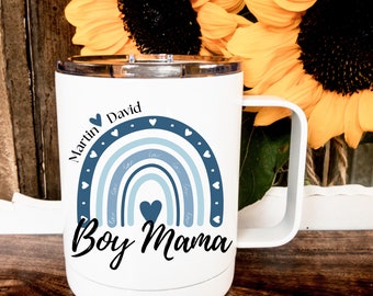 Personalized Boy Mama Coffee Mug: Blue Rainbow Insulated Tumbler