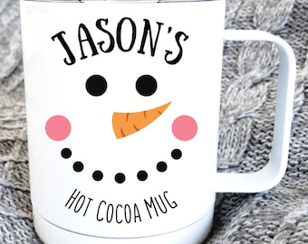 Snowman Hot Cocoa Mug / insulated with lid / PERSONALIZED mug for hot cocoa Christmas gift for grandson granddaughter son daughter kids