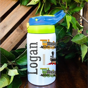 May include: A white stainless steel water bottle with a blue and green lid. The bottle has a train design with the name "Logan" printed on it.