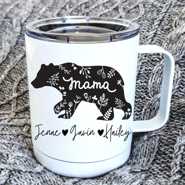 Mama Bear Mug with Kid's Names / Insulated with lid / PERSONALIZED gift for mom Mother's Day Birthday gift from kids coffee mug