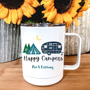 Personalized Happy Campers Coffee Mug: Insulated Stainless Steel with Lid