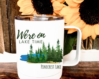 Personalized Lake Time Coffee Mug: Insulated Stainless Steel Cup with Lid