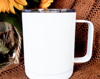 Blank 10oz Insulated Coffee Mug, plain white cup with clear lid