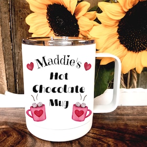 Personalized Pink Hearts Hot Chocolate Mug: Insulated Stainless Steel with Lid