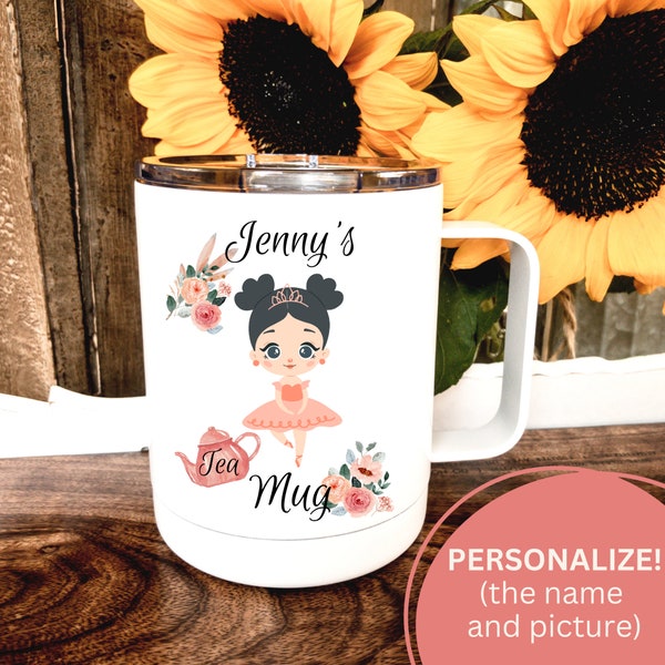 Little Girls Tea Mug / PERSONALIZED name and picture / insulated cup with lid/ loves tea Princess tea gift for niece daughter granddaughter