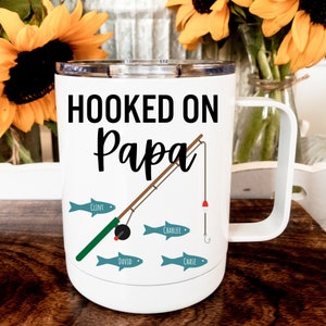 Personalized Fishing Grandpa Mug: &quot;Hooked on Papa&quot; Insulated Coffee Cup