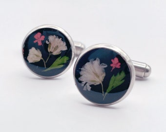 Gemelos flores reales hojas hechos a mano 12mm