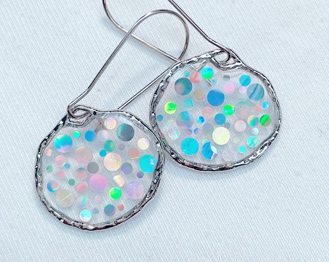 Hand-made silver sparkly disco drop earrings (small)
