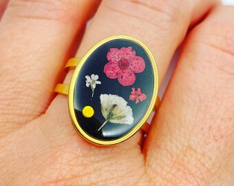 Hand-made real flowers adjustable ring (oval)
