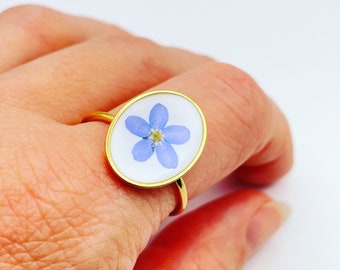 Hand-made real forget me not flower adjustable ring (oval)