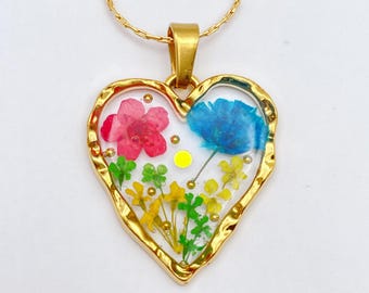 Heart Necklace with Multicolour Flowers in Gold or Silver