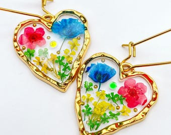 Heart Earrings With colourful flowers in Gold or Silver