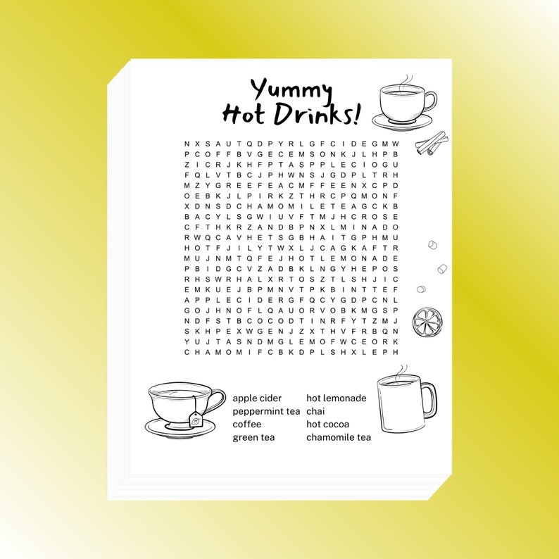 Hot Drinks Word Search Printable 8.5x11 Inch Etsy
