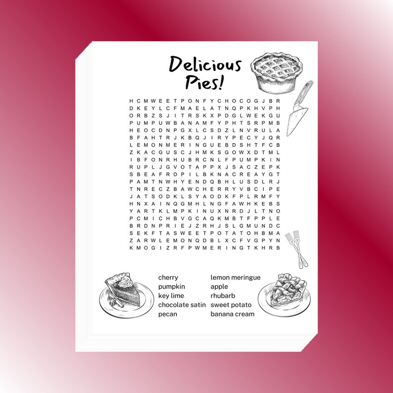 Delicious Pies Word Search Printable 8.5x11 Inch - Etsy