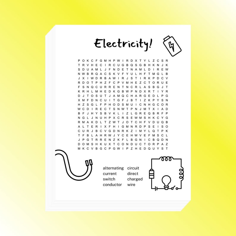 Electricity Word Search Printable 8.5x11 Inch Etsy
