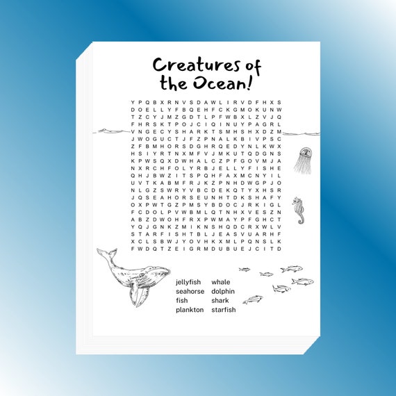 creatures of the ocean word search printable 8 5x11 inch etsy