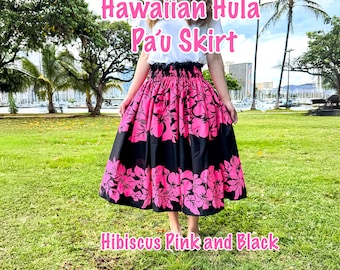 Handmade Hawaiian Hula Skirt: Hibiscus Pink Black Pau Skirt