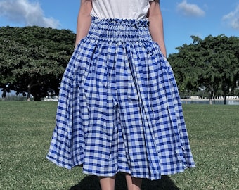 Handmade Hawaiian Hula Pa'u Skirt - Palaka Gingham Blue - Made in Hawaii for Halau Performances.