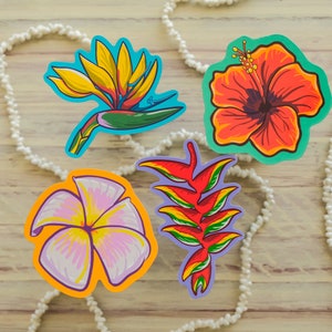 Hawaiian Flowers Waterproof Vinyl Stickers (4 pack) - Hibiscus, Plumeria, Bird of Paradise, Heliconia