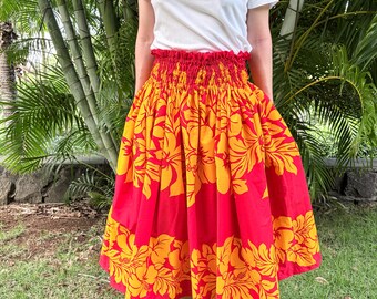 Handmade Hawaiian Hula Skirt: Hibiscus Yellow and Red Pau Skirt