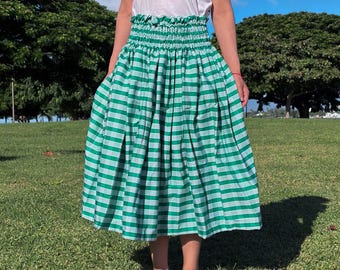 Handmade Hawaiian Hula Pa'u Skirt - Palaka Gingham Green - Made in Hawaii for Halau Performances.