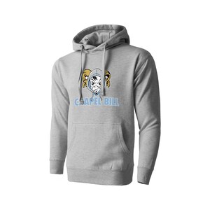 May include: A gray hooded sweatshirt with a blue and yellow graphic of a ram's head with the text "Chapel Hill" underneath.