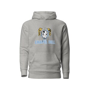 May include: A gray hooded sweatshirt with a blue and white cartoon ram mascot and the text "CHAPEL HILL" in blue.