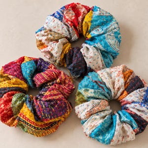 Oversized Kantha Scrunchie, Handmade Patchwork Hair Tie, Upcycled Fabric Scrunchie, Colorful Boho Hair Accessory, Unique Gift