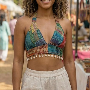 Reversible  Vintage Halter Top | Handmade Boho Kantha Patchwork Crop Top | Adjustable Back Tie | Festival, Beach, Urban Chic