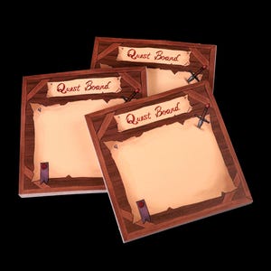 May include: Three wooden "Quest Board" signs with parchment paper and decorative elements. Each board has a banner with the words "Quest Board" and a pin with a sword. The boards are brown with a black background.
