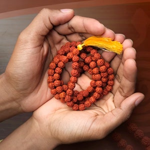 Puede incluir: Primer plano de una mano sosteniendo un mala, un collar de cuentas de oración, hecho de semillas rojas. El mala tiene un borla amarilla.