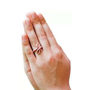 Puede incluir: Un anillo de cobre con un diseño de serpiente. El anillo se lleva en el dedo medio de la mano derecha de una persona.