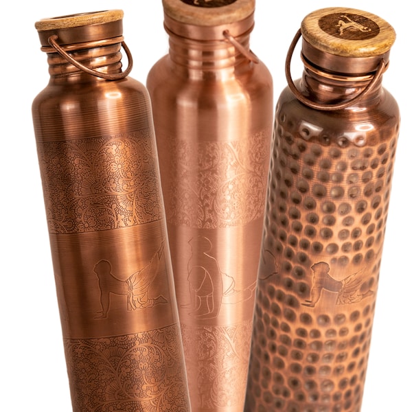 Pure Copper (99%) Bottle - Engraved Yoga Posture - Personalised Gift - Natural Water Detox / Anti Bacterial - Excellent Craft-man ship.