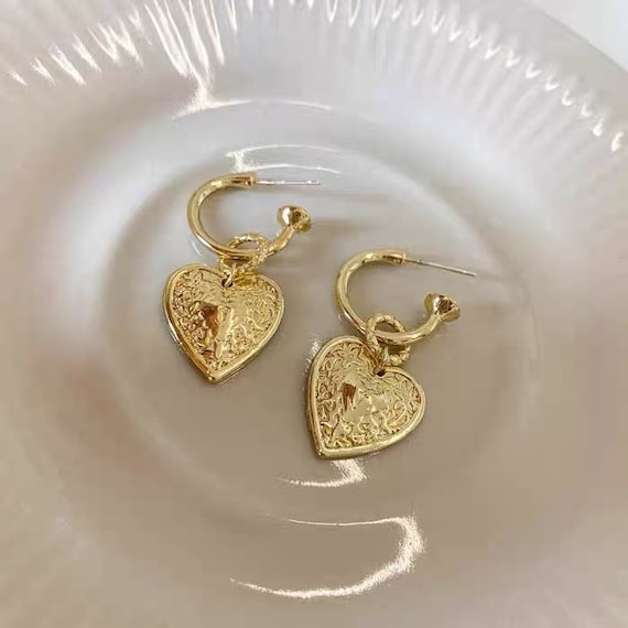 French Heart Charm Hoop Earrings in Gold Color