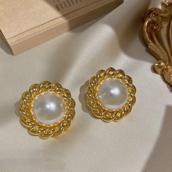 Round Big Pearl with Gold Accent, Vintage Style, Earring Studs