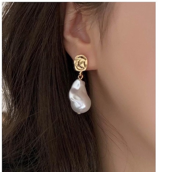 Baroque Style Pearl Organic Shape Drop Earrings