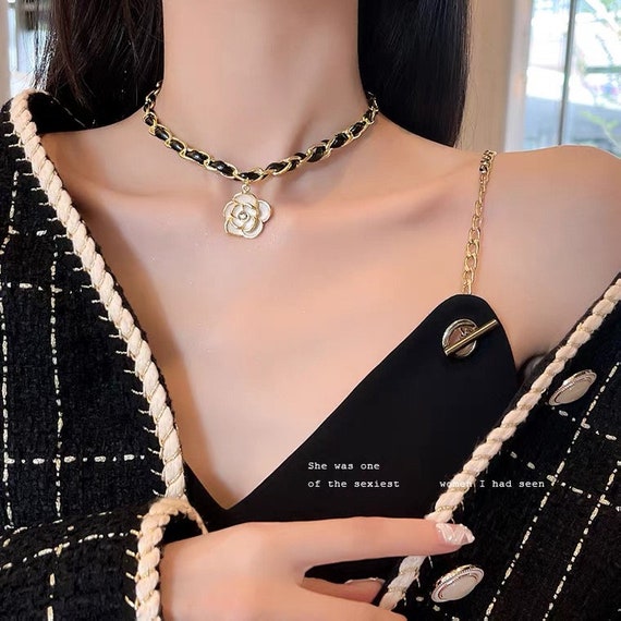 Chain and Leather Necklace With Camellia Flower in Choker - Etsy Chain and Leather Necklace With Camellia Flower in Choker - Etsy