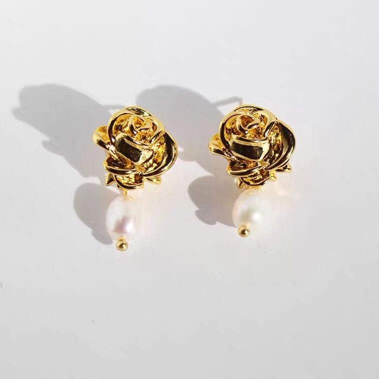Gold Camellia Flower With Pearl Drop Earrings Vintage Style -  India