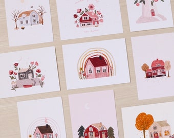 Postkartenset skandinavische Häuser illustriert, Postkarten zum selbst Zusammenstellen als Set