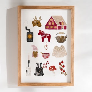 Zauberhaftes Winter Schweden Bild mit kleinen skandinavisch inspirierten Illustrationen Rentier Gnome Dala Pferd Haus…